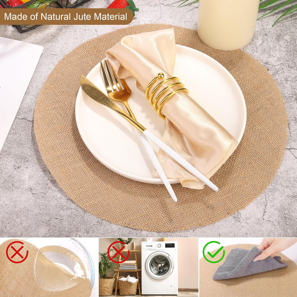 Aneco 150 Pieces Round Burlap Placemats 11.8 Inch Reusable Brown Table Mats Heat Resistant Natural Jute Fibers Placemats Burlap Circle Rustic Table Decorations for Dinner Holiday Farmhouse Decor