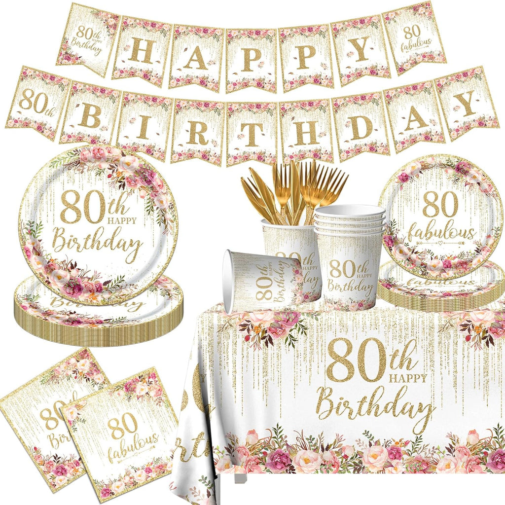 Regine Switzerland 80th Birthday Party Tableware Set - 142 Pcs Rose Gold Decorations | Plates, Napkins & Banner