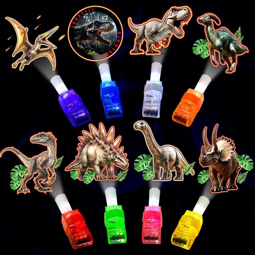24PCS Jurassic Dinosaur Party Favors-LED Finger Lights：Glow-in-the-Dark Light-Up Toys Bulk for Kids,Jungle Dino Theme Birthday Party Decorations Supplies, Party Goodie Bags, Classroom Prizes Gifts