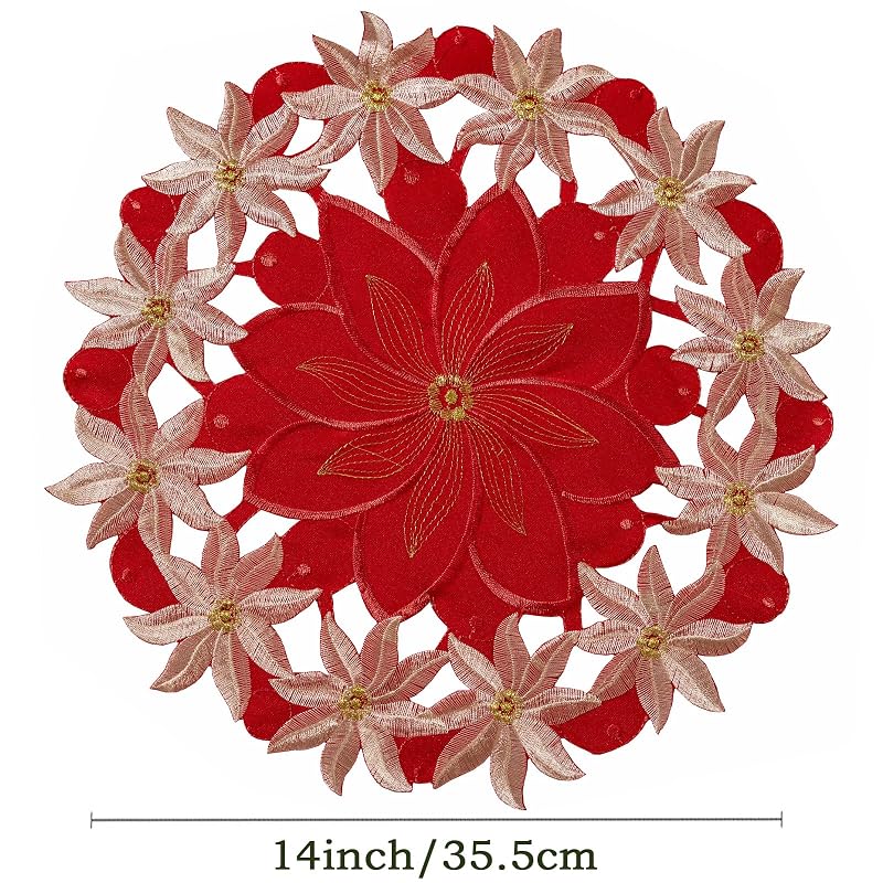 Red Christmas Placemats Set of 4 with Poinsettia Embroidery - 14inch Round, Gold Trim
