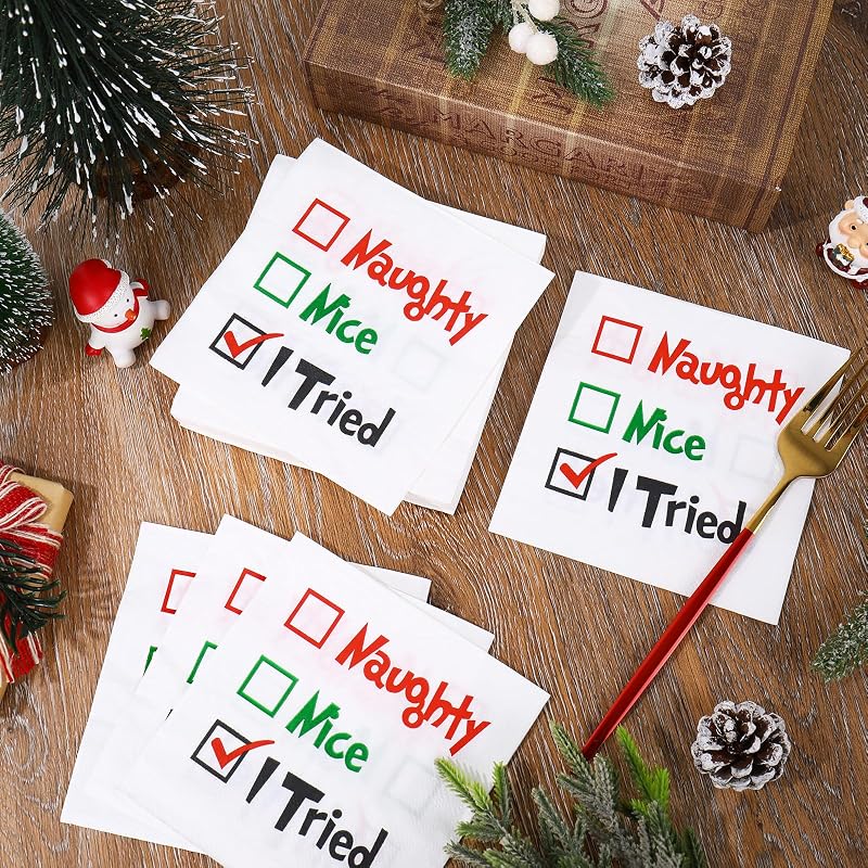 Naughty or Nice Christmas Cocktail Napkins – 50 Pack Disposable Paper Napkins for Holiday Parties