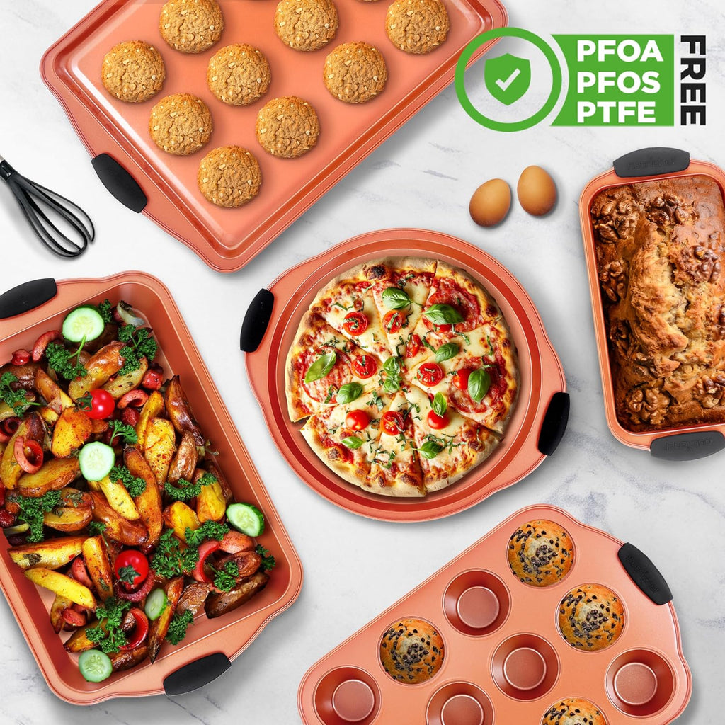 NutriChef 10-Piece Nonstick Baking Pans Set - Versatile Bakeware for Cookies, Cakes & Roasting | Includes Cookie Sheet, Muffin Pan, Cake Pan & Pizza Pans