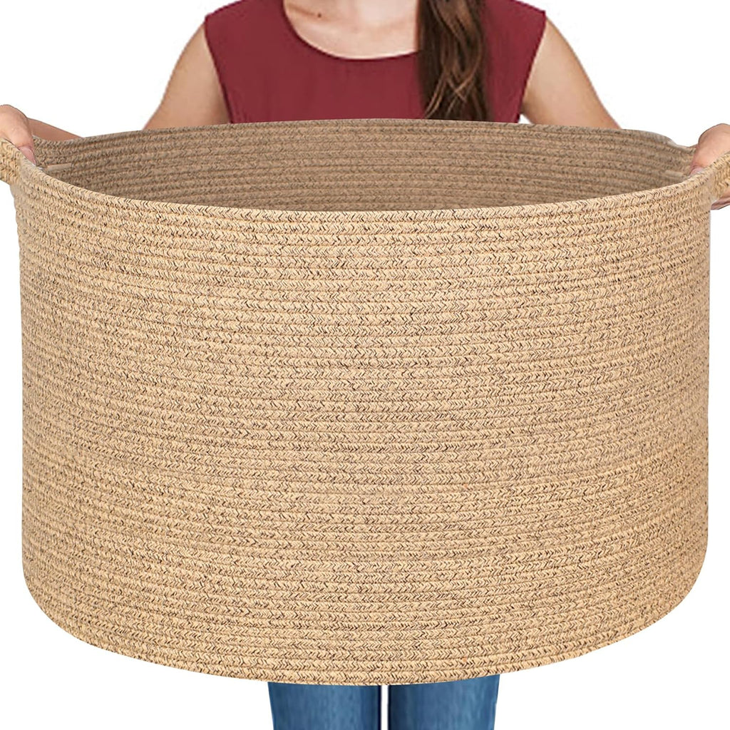 MEGASKET Large Wicker Storage Basket - 22” X 22” X 14” Cotton Rope Organizer for Kids & Pets | Brown Variegated Design