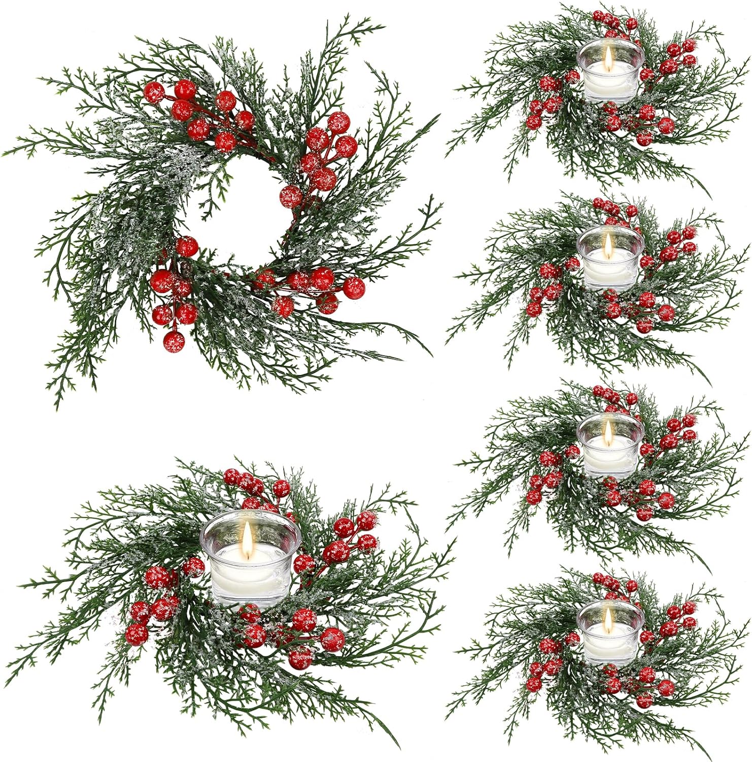 Regine Switzerland Christmas Candle Rings - 6 Pcs Red Berry & Snowy Pine Wreath Holders for Holiday Decor