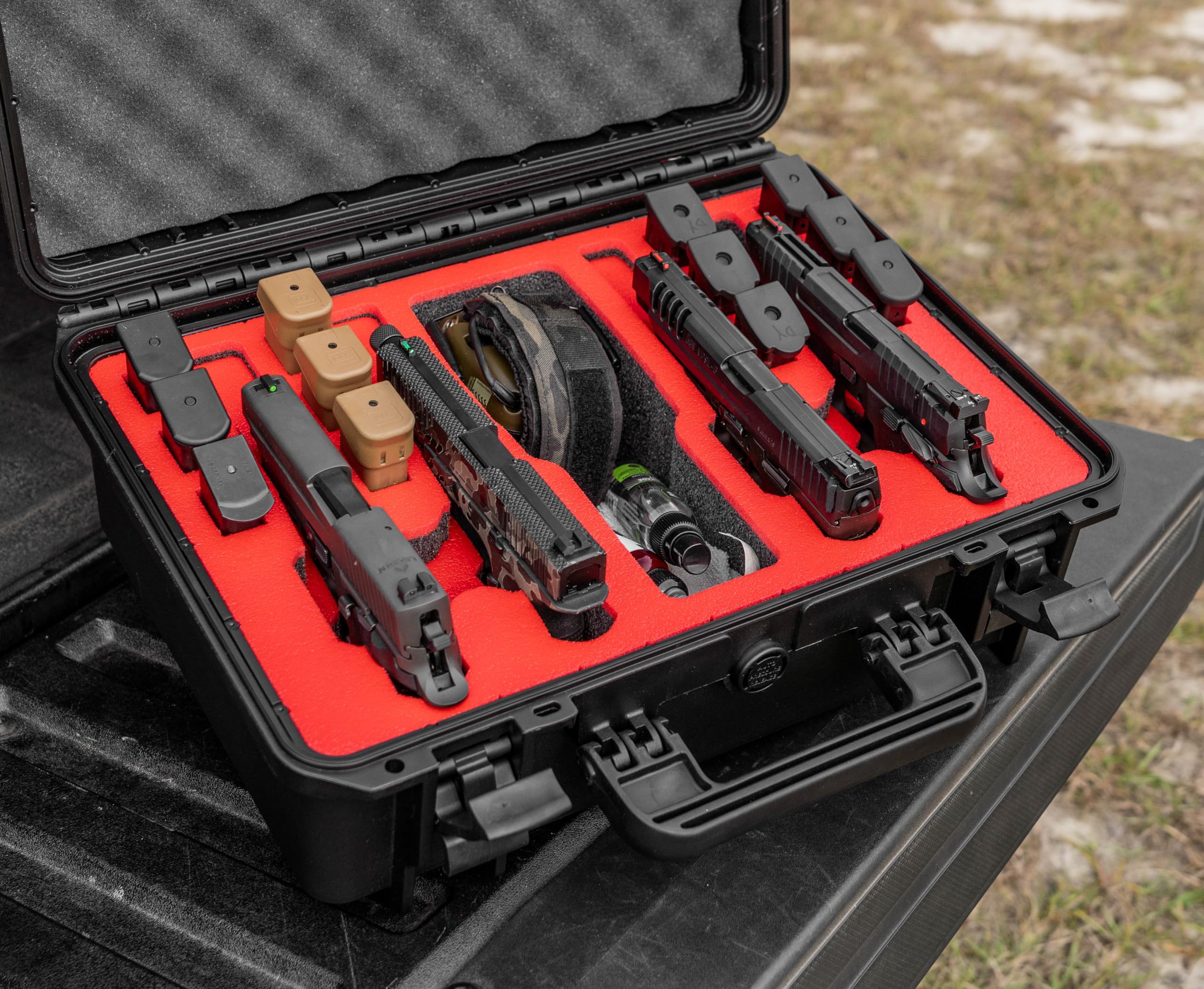 4 Pistol 12 Magazine Doro Gun Case with Custom MyCaseBuilder Foam Insert - Waterproof, Heavy Duty - Tactical Firearms, Ammunition, and Accessory Holder - Sahara Case x Black Foam - 18 x 14 x 7 Inches