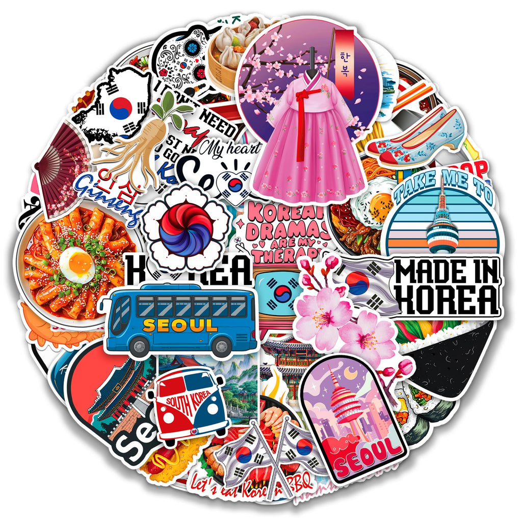 MONIZY Korea Travel Stickers 50 Pieces Vinyl Waterproof Decal for Laptop Water Bottle Phone Car Window Bike Motorcycle Stakeboard Scrapbook Korean Sticker Gifts