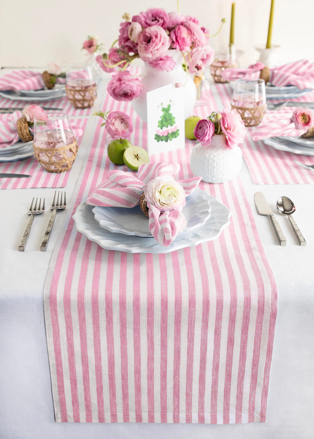 Solino Home Linen Table Runner 108 Inches Long - Amalfi Stripe, 100% Pure Linen Cherry Blossom and White Table Runner 14 x 108 Inch for Dining, Mothers Day, Spring, Summer
