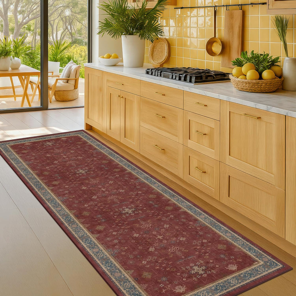 Turkish Kitchen Runner Rugs - Non-Skid, Washable Design for Hallway, Bedroom, Bathroom | Dark Red