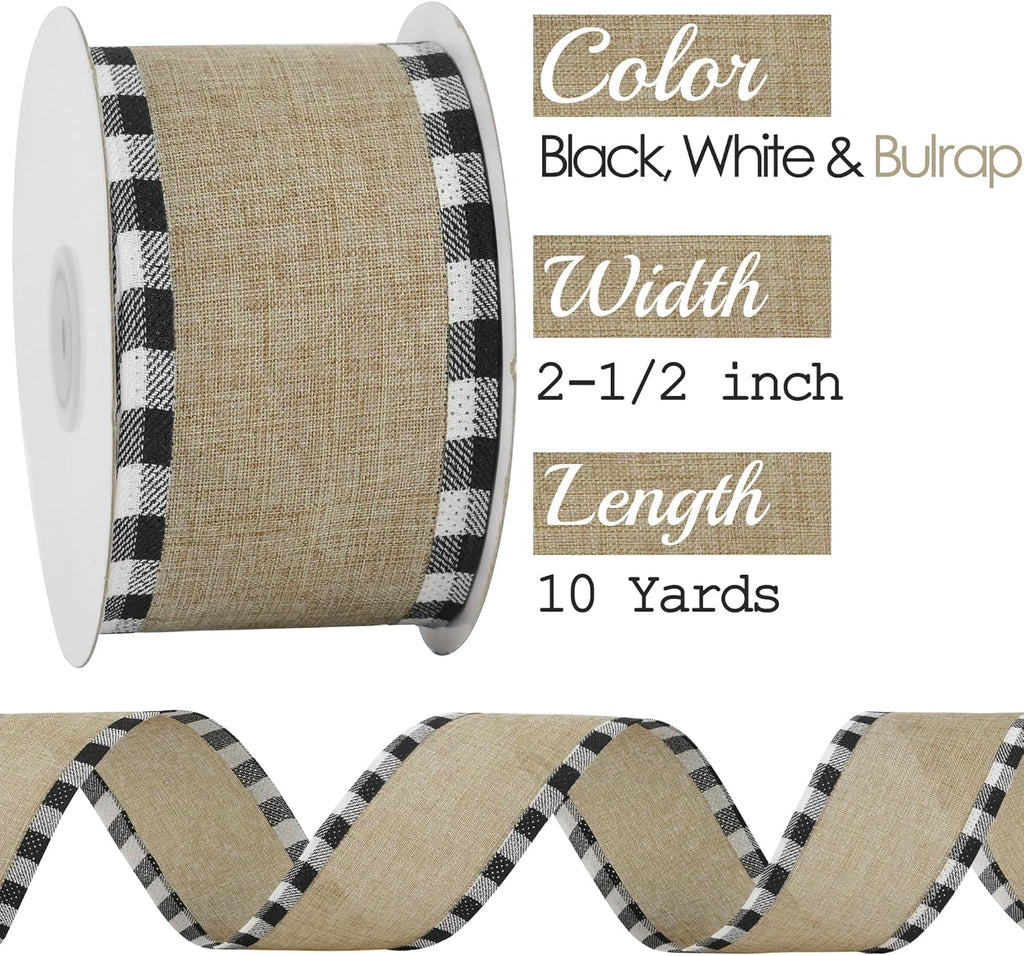 MEEDEE Burlap Christmas Ribbon - Wired 2.5 Inch Plaid with Black & White Edging | 10 Yards for Trees & Wreaths