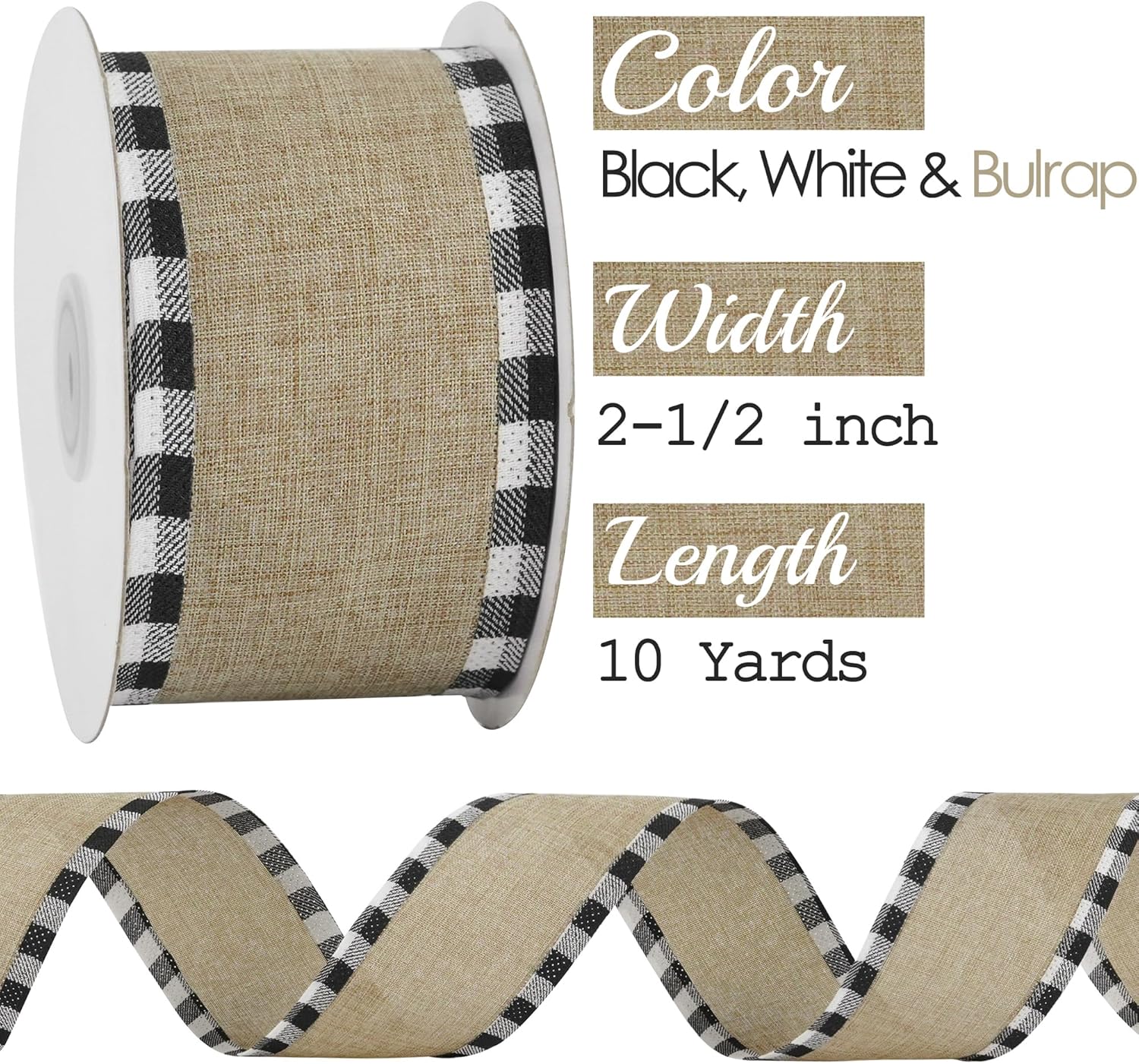 MEEDEE Burlap Christmas Ribbon - Wired 2.5 Inch Plaid with Black & White Edging | 10 Yards for Trees & Wreaths