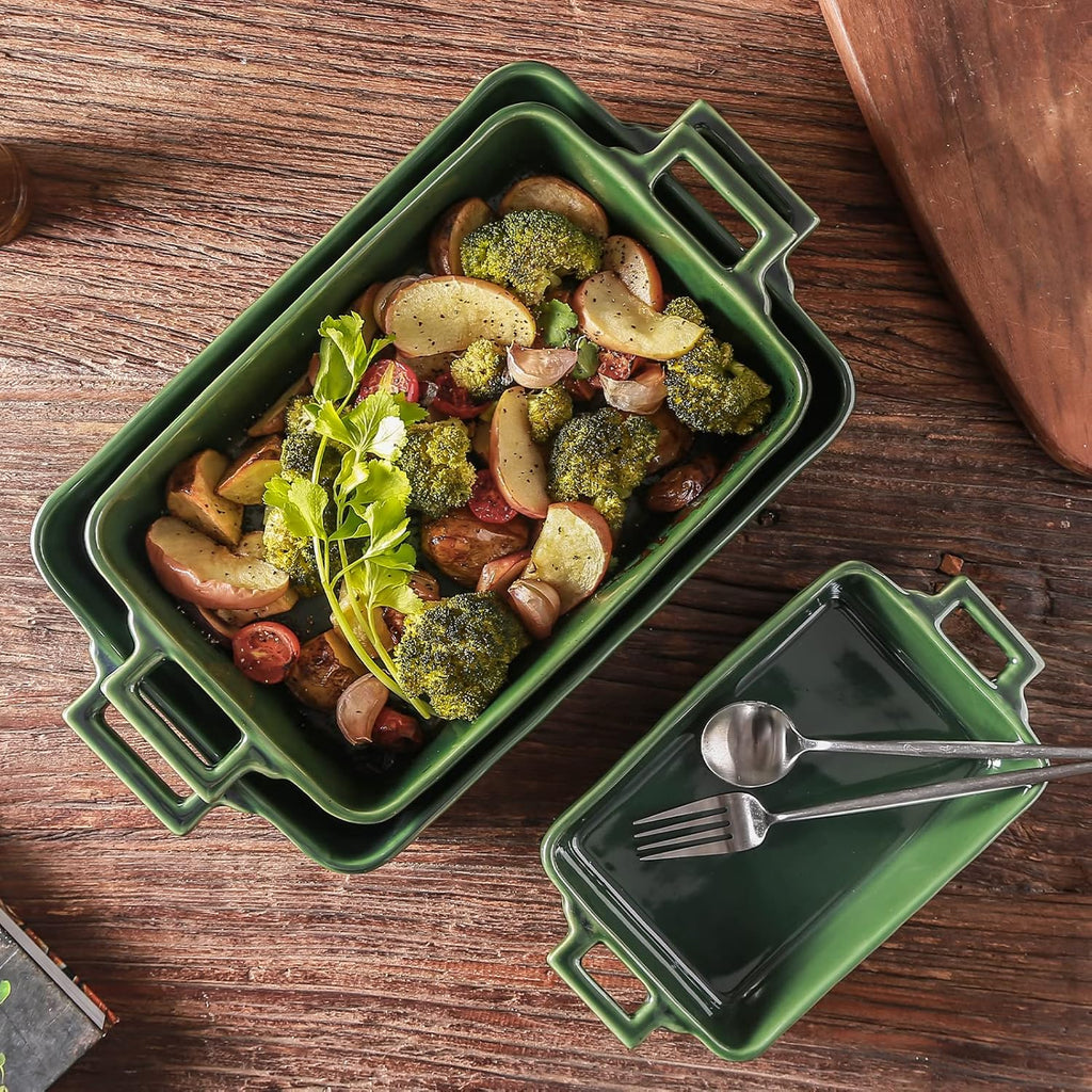 VICRAYS Ceramic Bakeware Set - Porcelain Rectangular Baking Dish for Lasagna & Casseroles | 3-Piece, 15 x 8.5 Inches (Green)