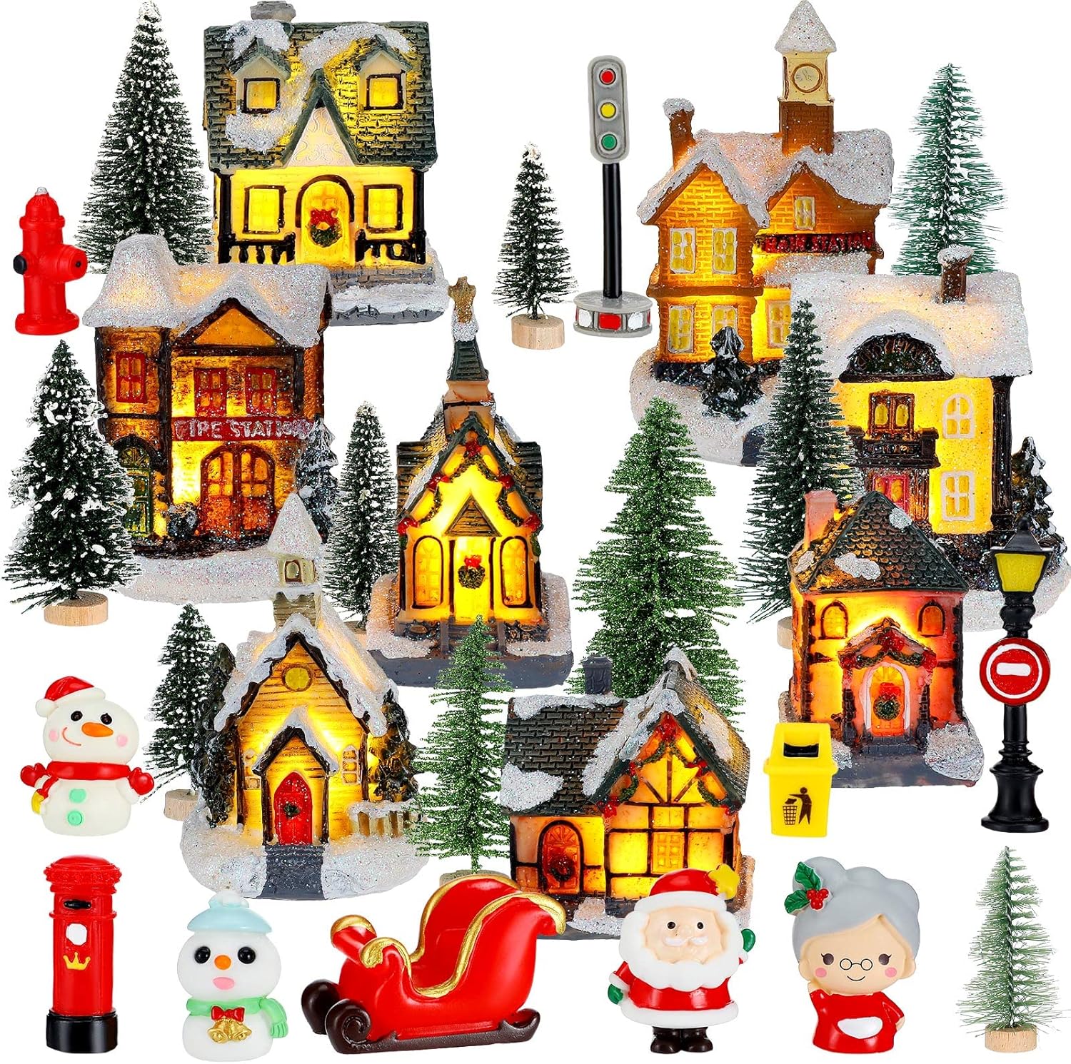 Woanger 29-Piece Christmas Village Set | LED Lighted Houses & Figurines for Holiday Decor