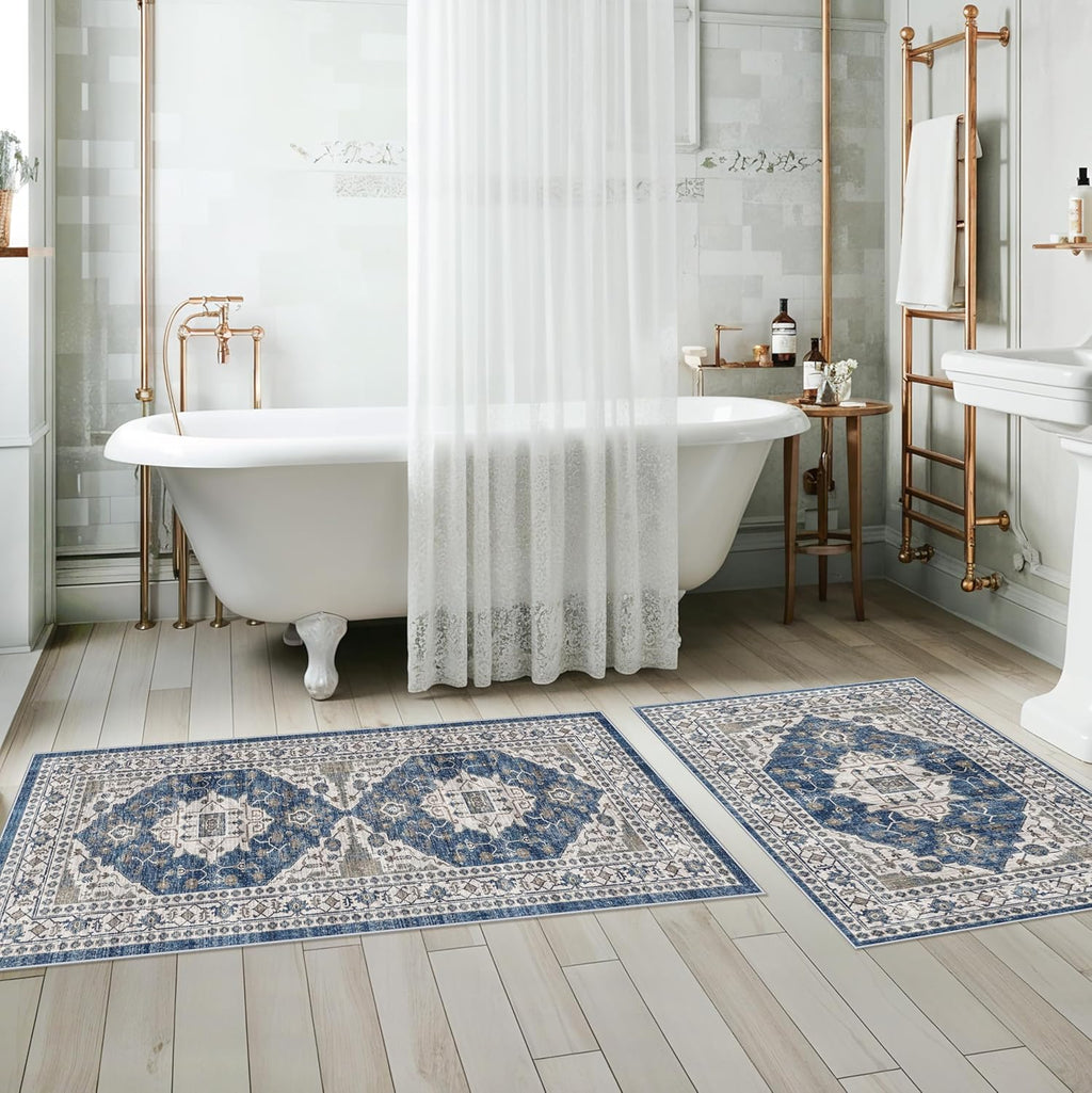 Skiennix Washable 4-Piece Kitchen Floor Mats - Non-Slip, Easy Clean, Water-Resistant Rugs | Blue