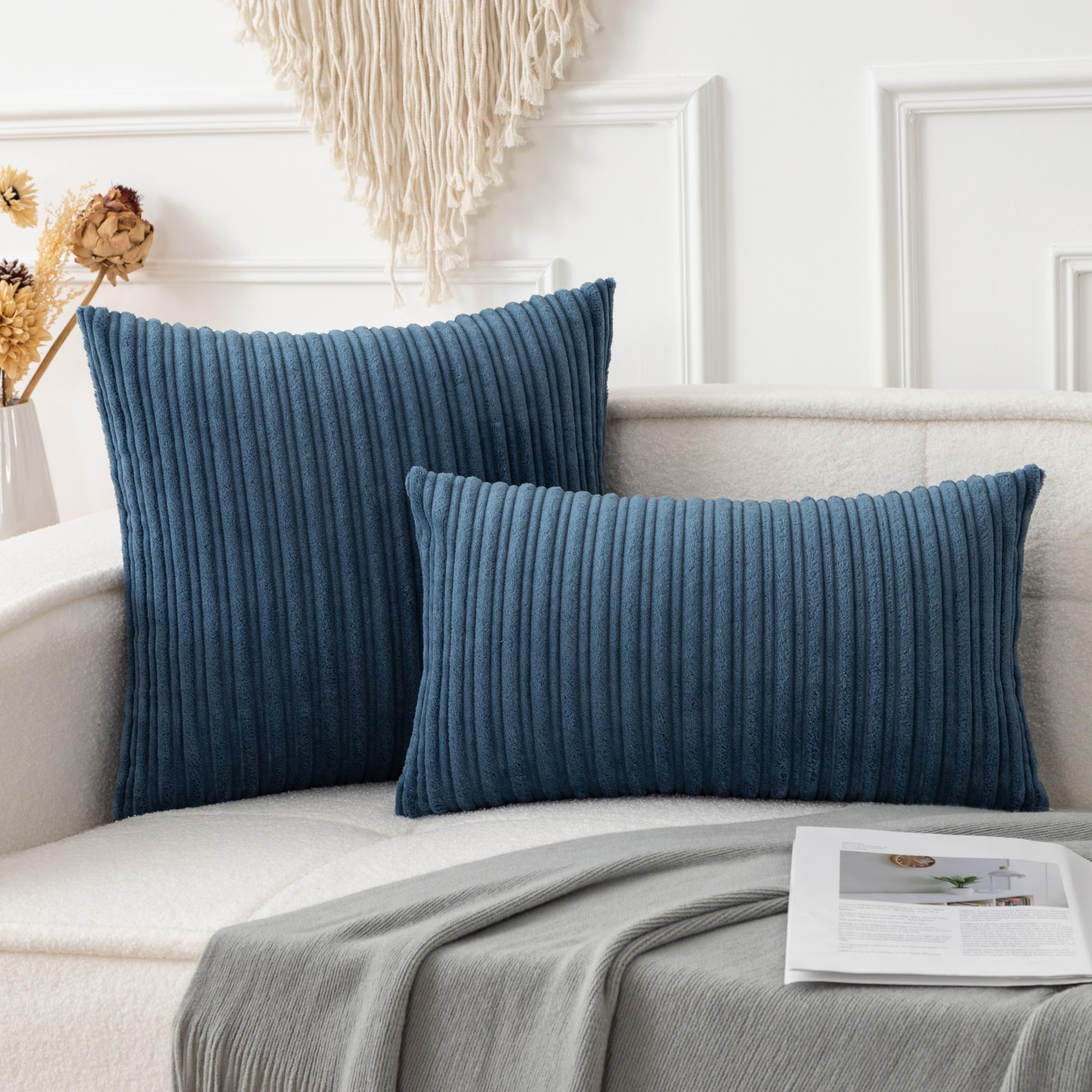 UGASA 14x24 Inch Pillow Cover Pack of 1 Soft Boho Stripe Corduroy Long Rectangular Lumbar Cushion Cover Farmhouse Decorative Throw Pillowcase for Bed, Couch, Sofa, Bedroom, Living Room, Dusty Blue