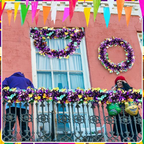 Daifunli 2 Pcs 80 ft Mardi Gras Tinsel Garland Decoration Gold Green Purple Metallic Twist Fringe Tinsel Glittering Hanging Carnival Garland for Mardi Gras Indoor Outdoor Float Home Party Deocoration