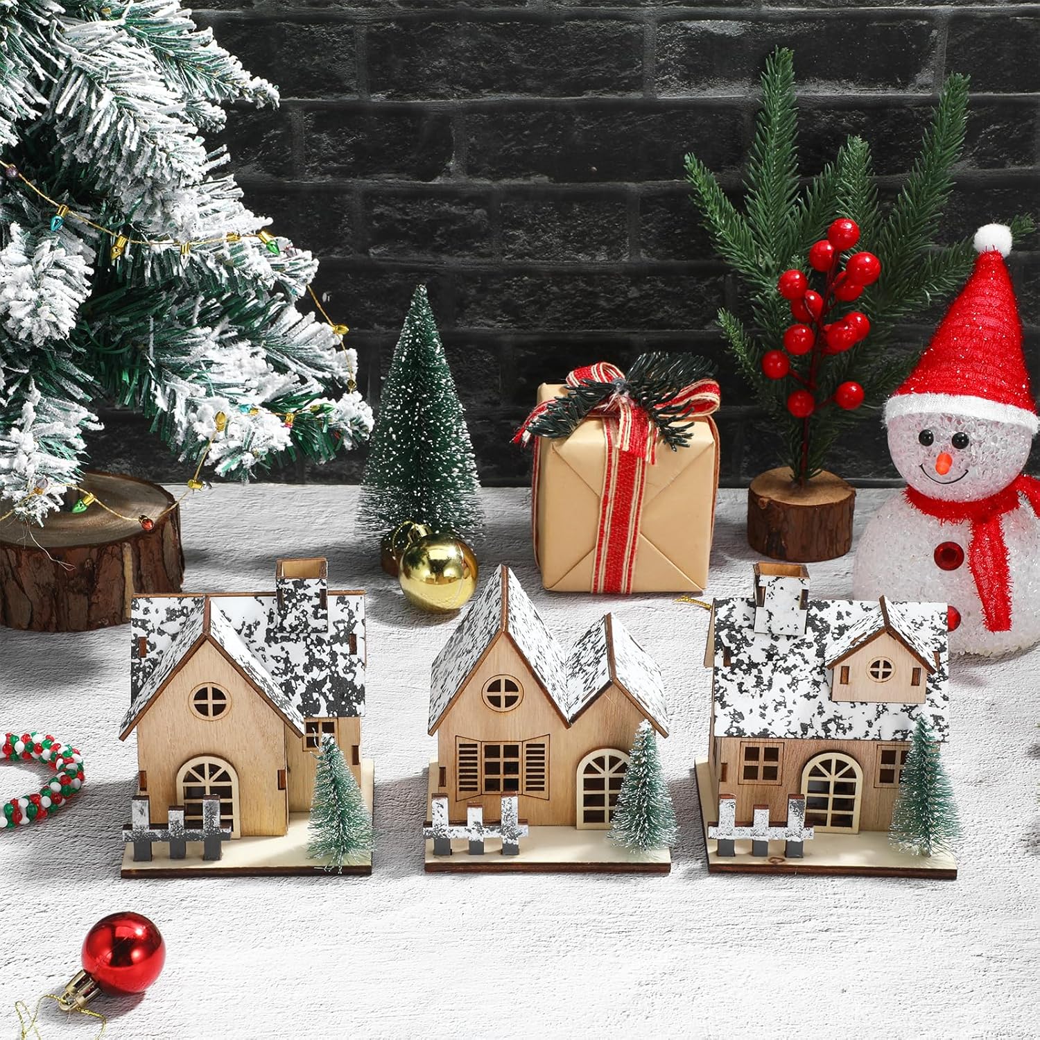 Toyvian Christmas Village Houses Set - 3 Pcs Wooden LED Lighted Ornaments for Table Decor (Brown)
