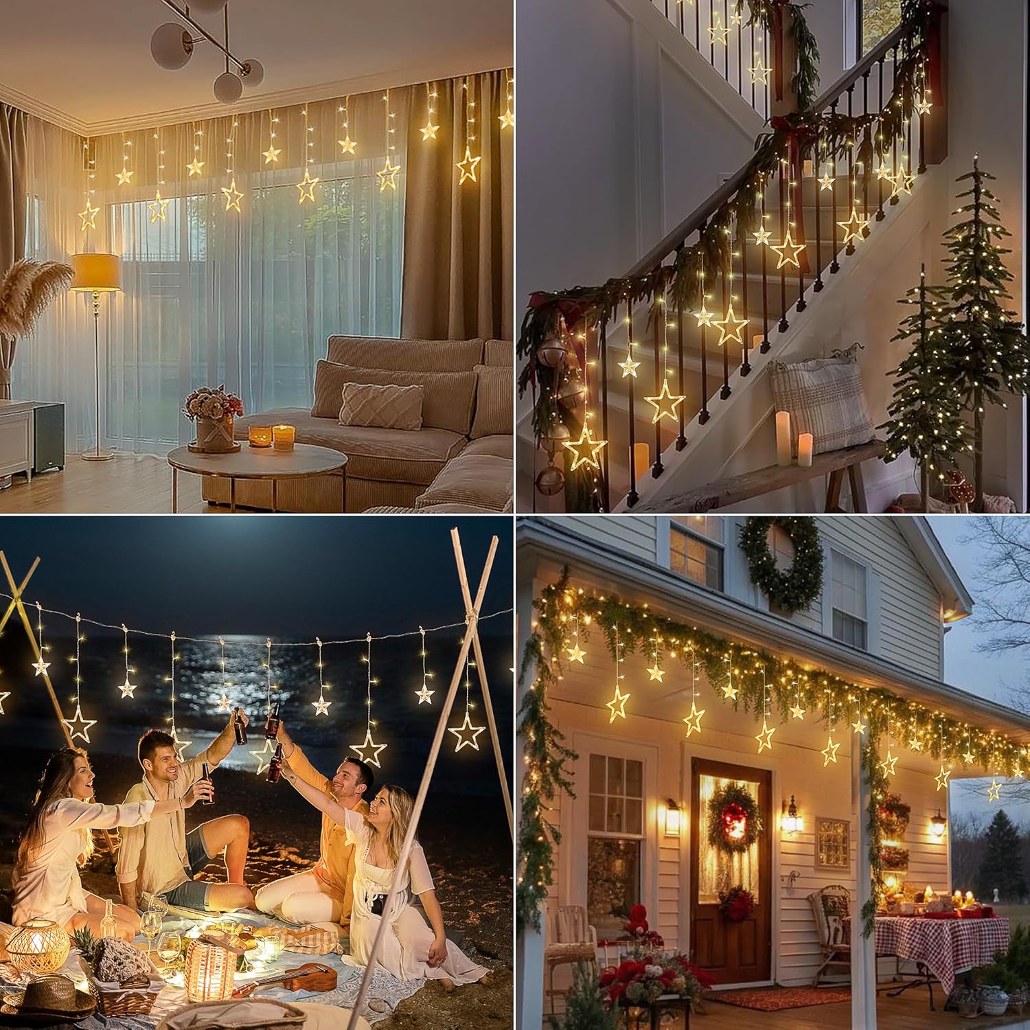Skiennix 126L Warm White Star Icicle Lights - 8.2FT Clear Curtain Fairy String with Timer & 8 Modes | Waterproof for Christmas & Events