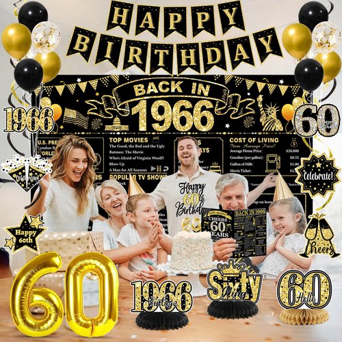 60th Birthday Decorations for Men, Black Gold Back in 1966 Party Supplies with Banner, Backdrop, Sash, Balloons, Cake Topper, Honeycomb Centerpieces, Happy 60th Birthday Decorations Kit