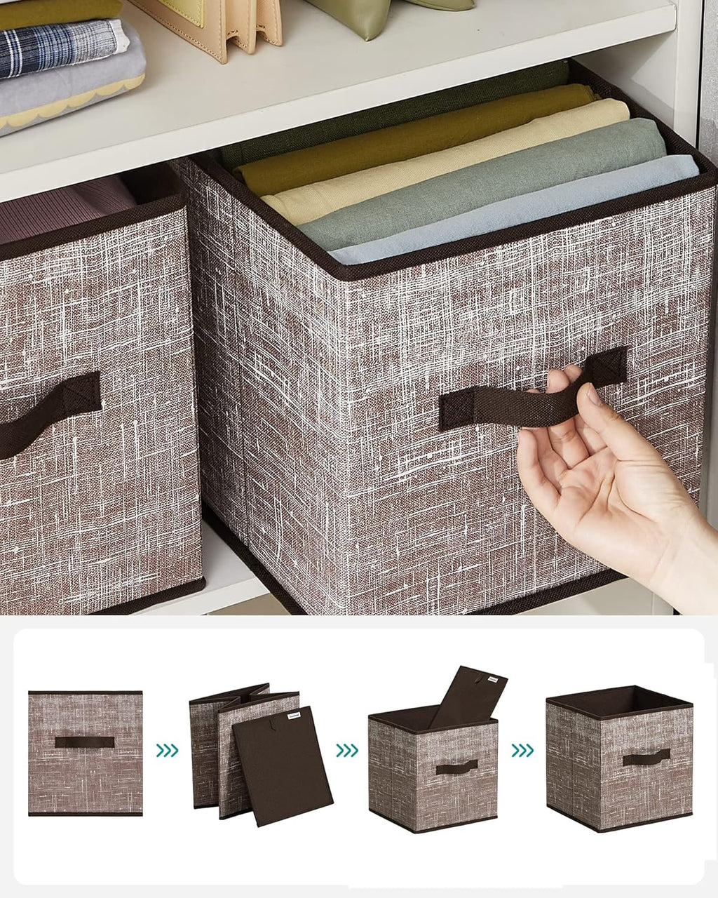 SONGMICS Storage Cubes - 11-Inch Foldable Non-Woven Fabric Bins with Double Handles | Set of 6 in Walnut Color