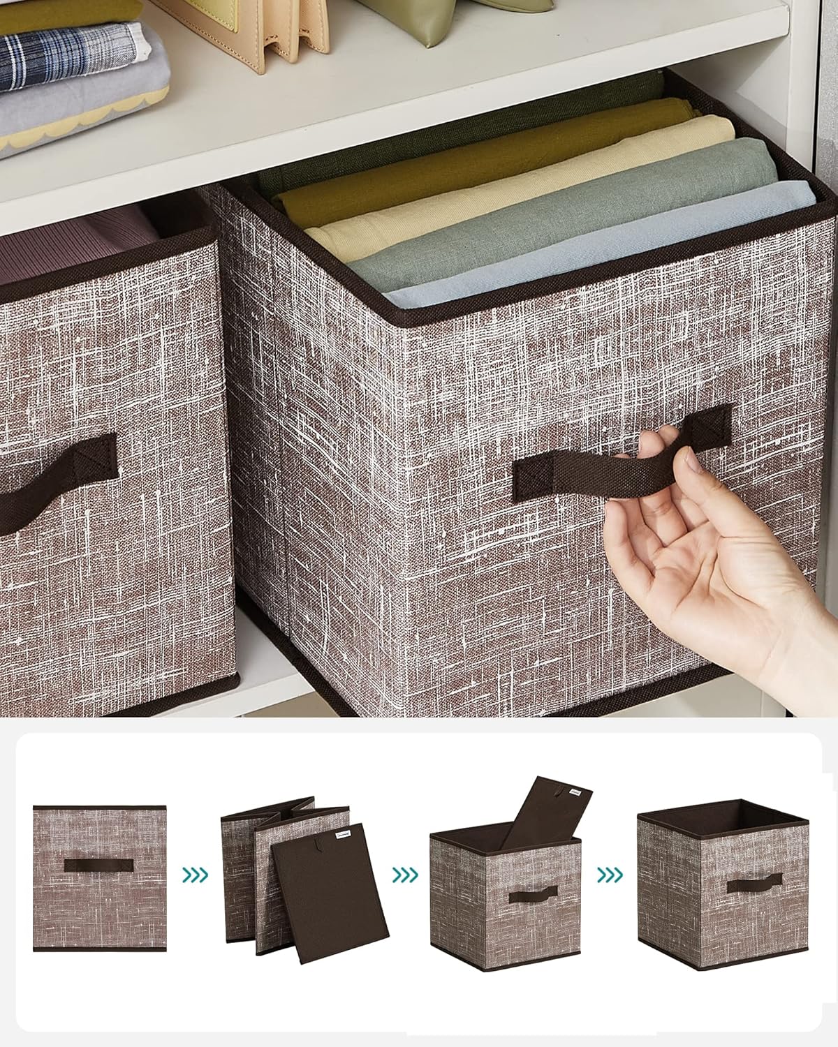 SONGMICS Storage Cubes - 11-Inch Foldable Non-Woven Fabric Bins with Double Handles | Set of 6 in Walnut Color