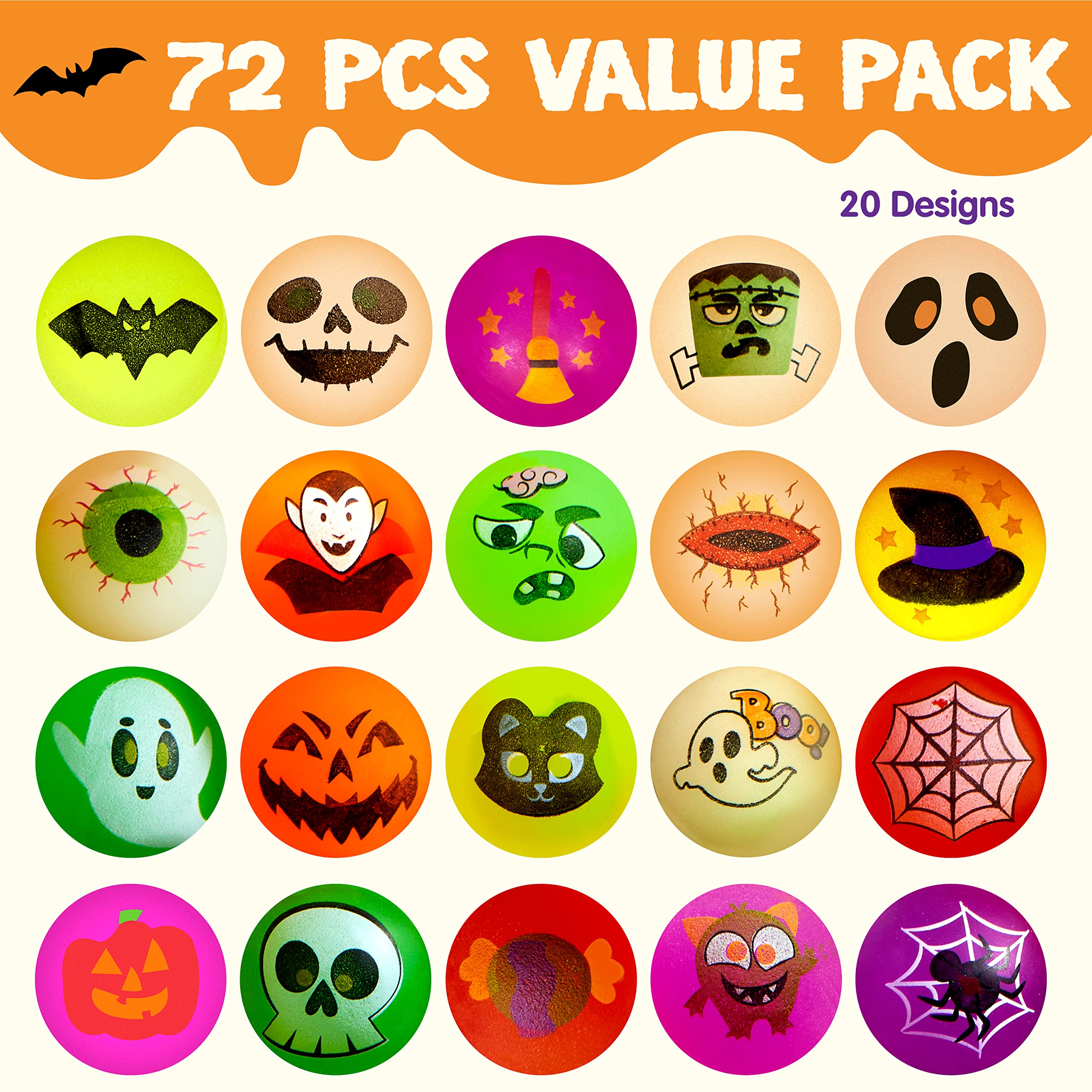 JOYIN 72 PCS Halloween Bouncy Balls, 20 Designs Glow in The Dark Bouncy Party Favors Supplies for Kids, Halloween Bouncy Balls Party Supplies, Trick or Treating Goodie, School Class Game Rewards
