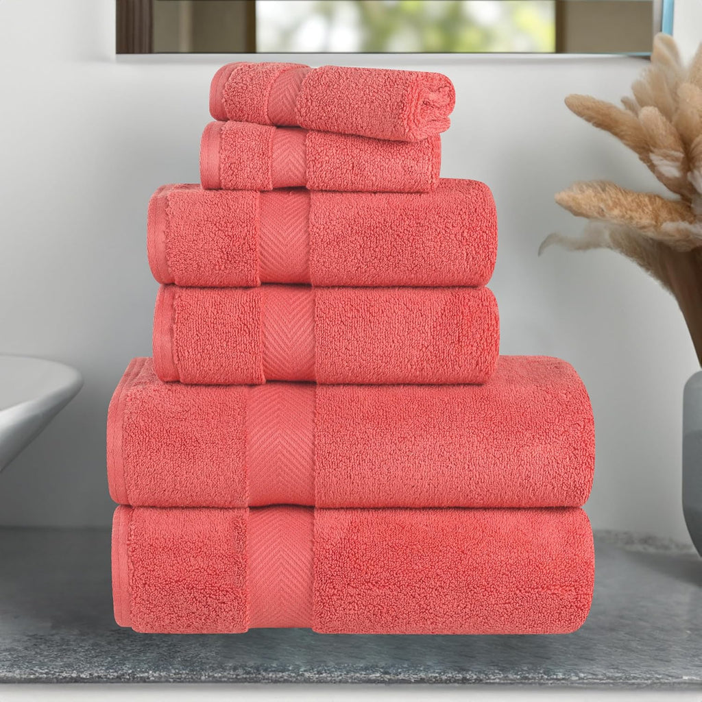 Superior Zero Twist 100% Cotton Towels - Ultra Soft & Absorbent 6-Piece Set in Coral | Includes 2 Washcloths, 2 Hand Towels, 2 Bath Towels