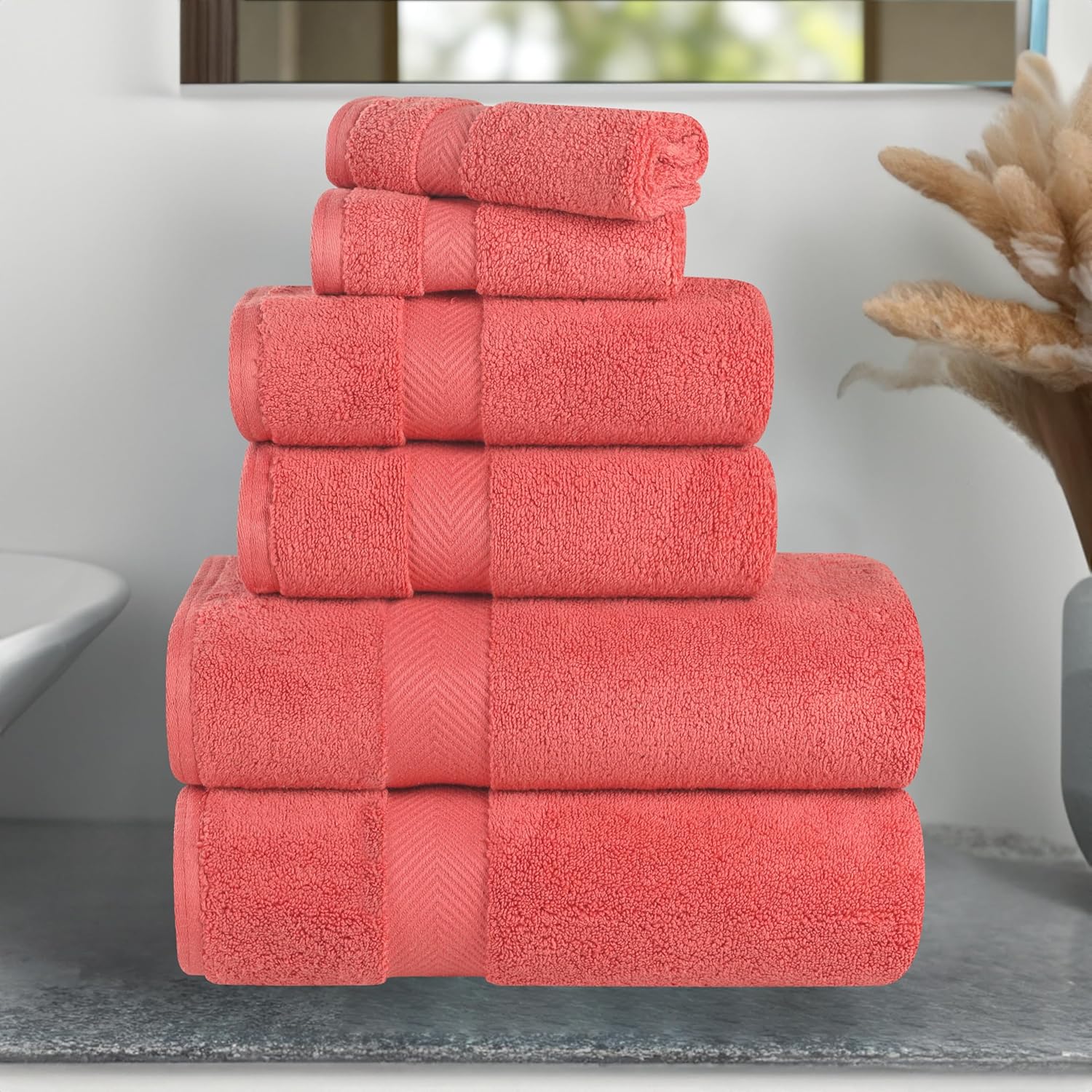 Superior Zero Twist 100% Cotton Towels - Ultra Soft & Absorbent 6-Piece Set in Coral | Includes 2 Washcloths, 2 Hand Towels, 2 Bath Towels