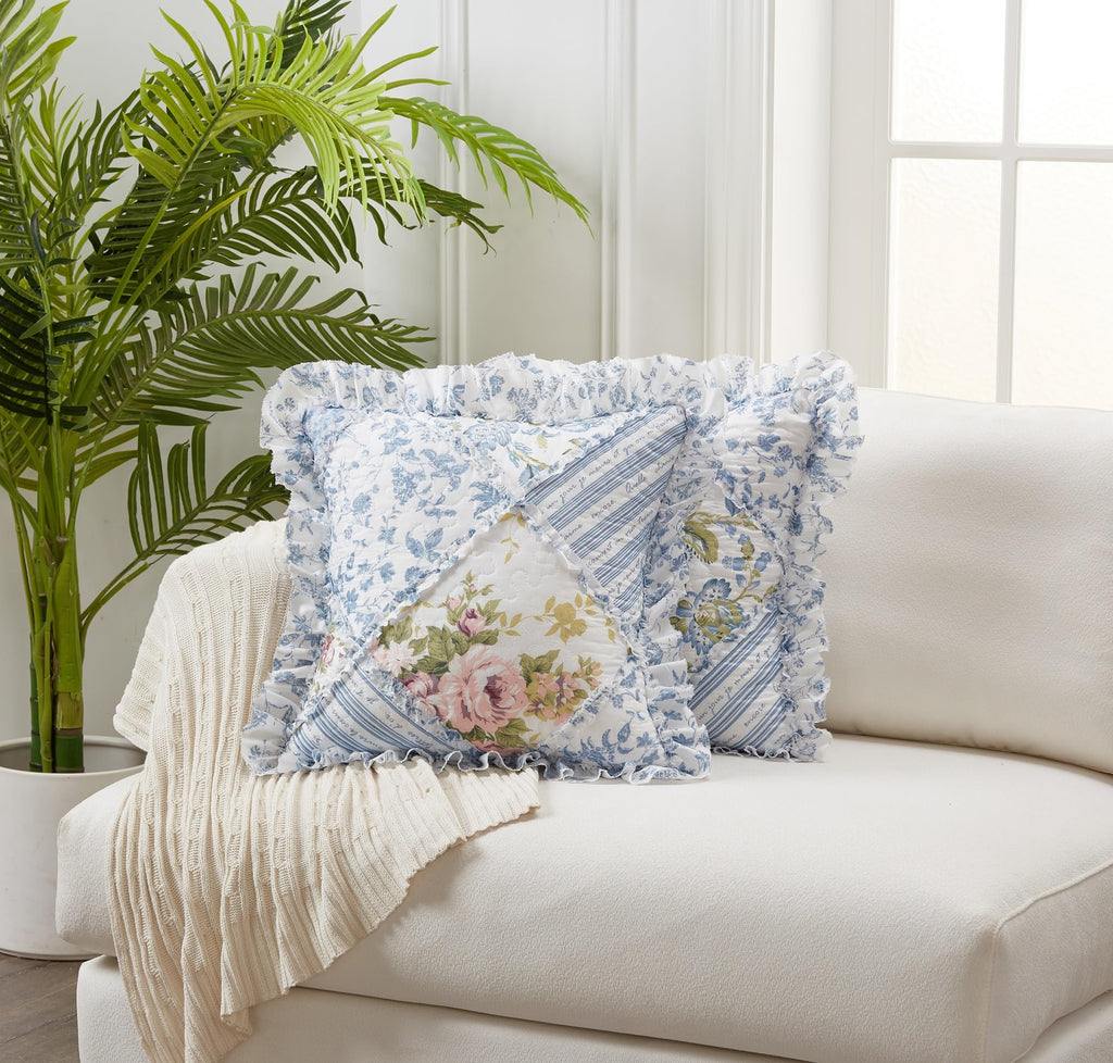 Brilliant Sunshine Blue Rose Patchwork Ruffle Pillowshams, Quilted Decorative Pillow Covers Set, Square Throw Cushion Cases for Couch, Reclining Chair, Car, Bed, 18x18, Pack of 2, Blue Rose