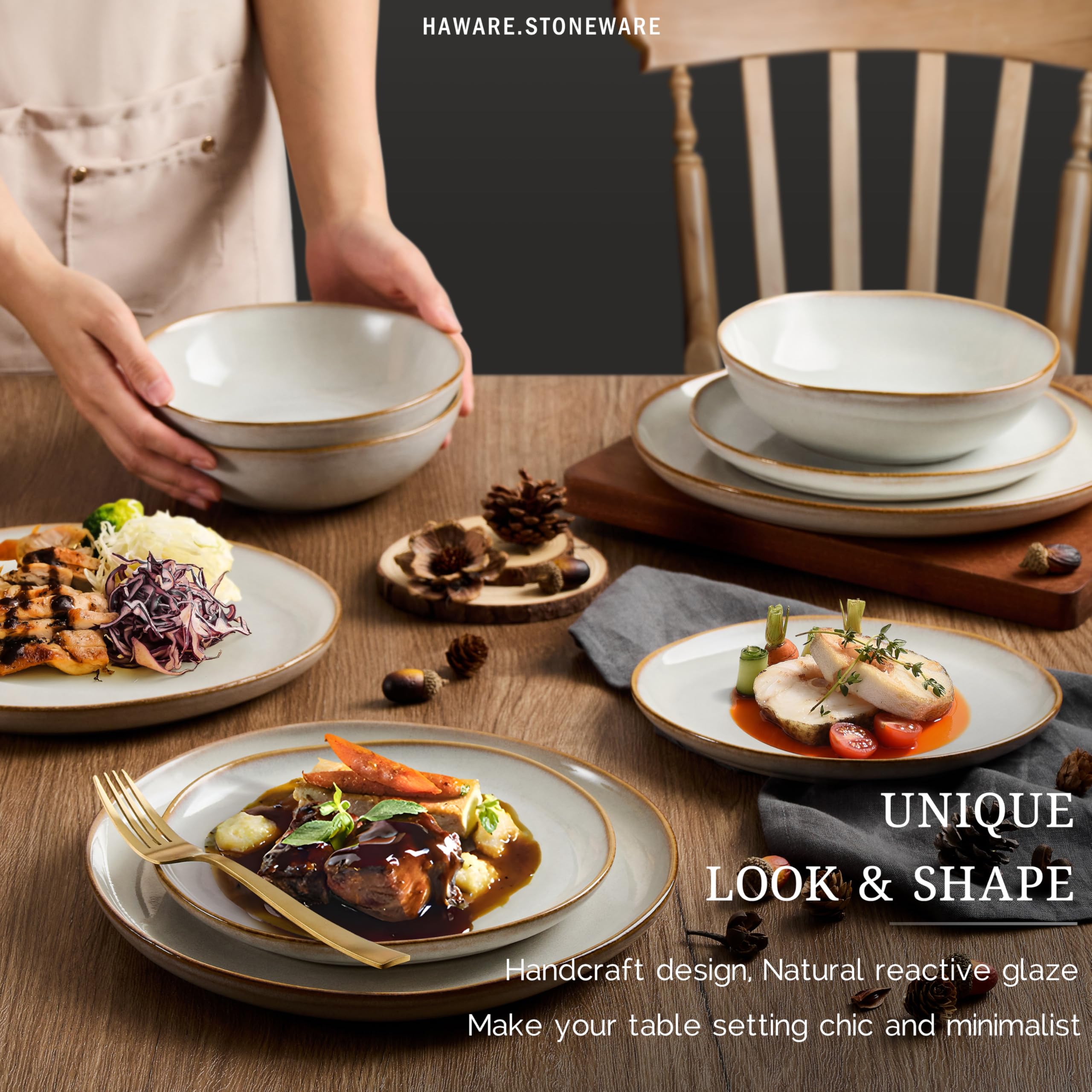 HaWare Plates and Bowls Set, Stoneware Dinnerware Sets, 18-Piece Hand-painted Dishware for 6, Scratch Resistant Ceramic Dinner Set for Home Kitchen, Microwave and Dishwasher Safe, Reactive Pearl White