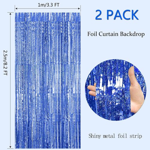GZ-LAOPAITOU Blue Foil Fringe Curtains - 2 Pack 3.3x8.2 Ft Party Backdrop for Weddings, Birthdays & Events