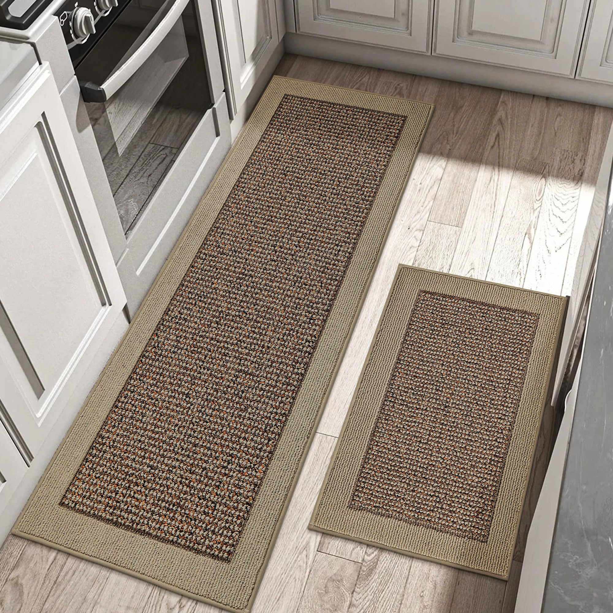 BEQHAUSE Kitchen Rugs and Mats Set of 2 Non-Slip Kitchen Mats for Floor, Absorbent and Stain Resistant Kitchen Runner, Machine Washable Rugs for Kitchen, Laundry & Sink, 24"x36"+24"x60", Taupe