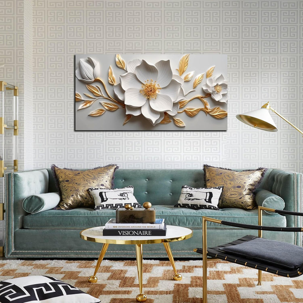 Skiennix Canvas Wall Art - Large White and Gold Floral Artwork for Living Room | 20x40 In Framed Decor