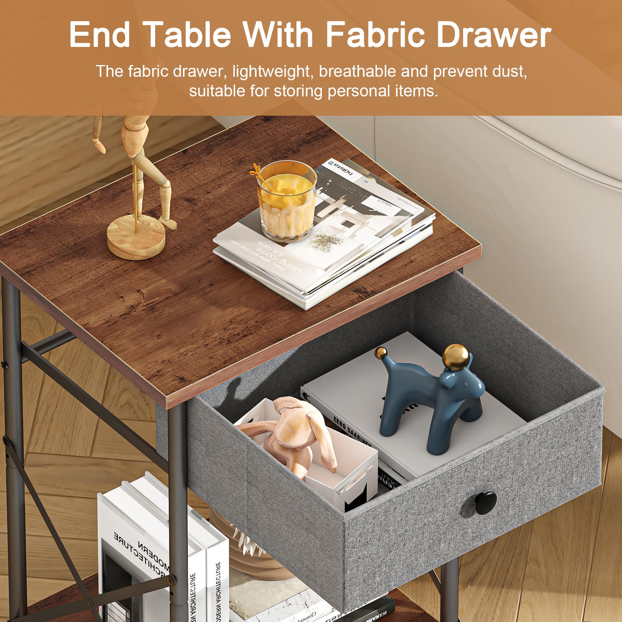 VECELO End Tables, Modern Nightstands with Drawer & Open Shelf, Side Table for Bedroom Living Room, Industrial Metal Frame, Easy Assembly, Rustic Brown,1 Pack