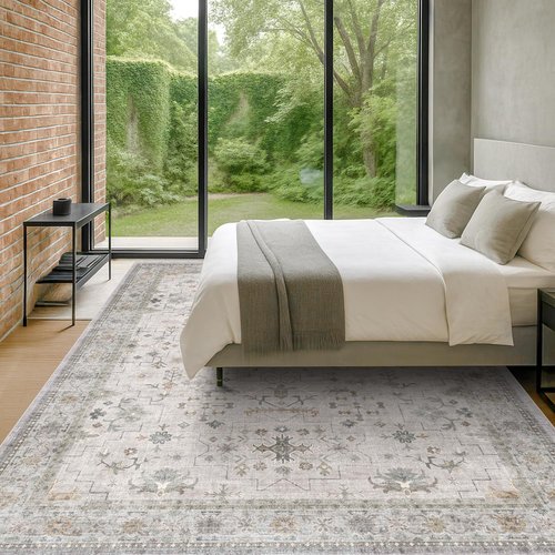Hazo Haus Boho Living Room Rug - Light Grey Floral Design | 10x14 Washable Non-Slip Area Rug