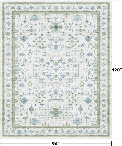 Hazo Haus Living Room Rug - Blue & Green Vintage Boho Floral 8x10 | Washable Non-Slip Area Rug for Bedroom & Playroom