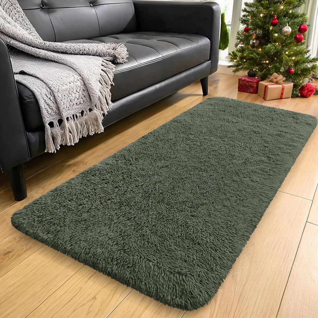 OLANLY Runner Rugs - Soft, Machine Washable Shaggy Carpet for Hallway & Bedroom | Olive Green