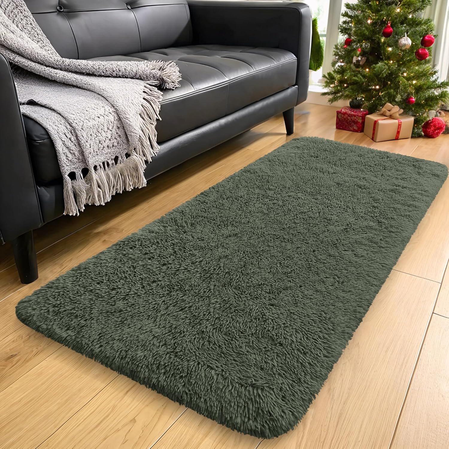 OLANLY Runner Rugs - Soft, Machine Washable Shaggy Carpet for Hallway & Bedroom | Olive Green