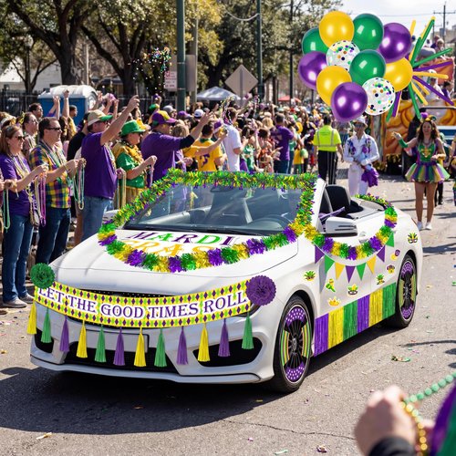54Pcs Mardi Gras Float Parade Car Decorations Kit - Purple Green Gold Tinsel Garlands Banners Balloons for Vehicle Carnival Party Decor