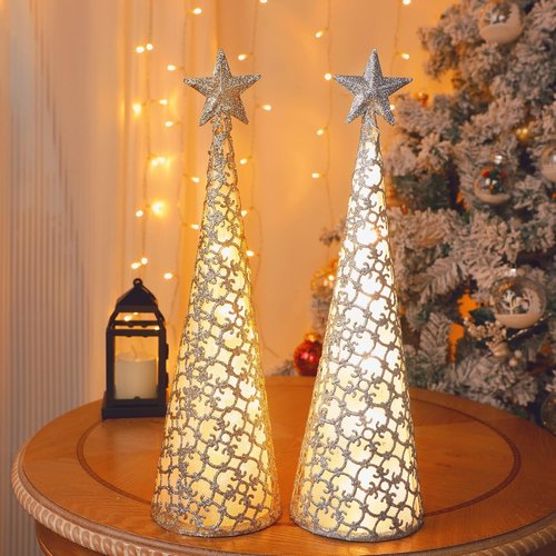 Juegoal Lighted Christmas Table Decorations - Star Design with 10 LED Lights | Set of 2 (Gold & Silver)