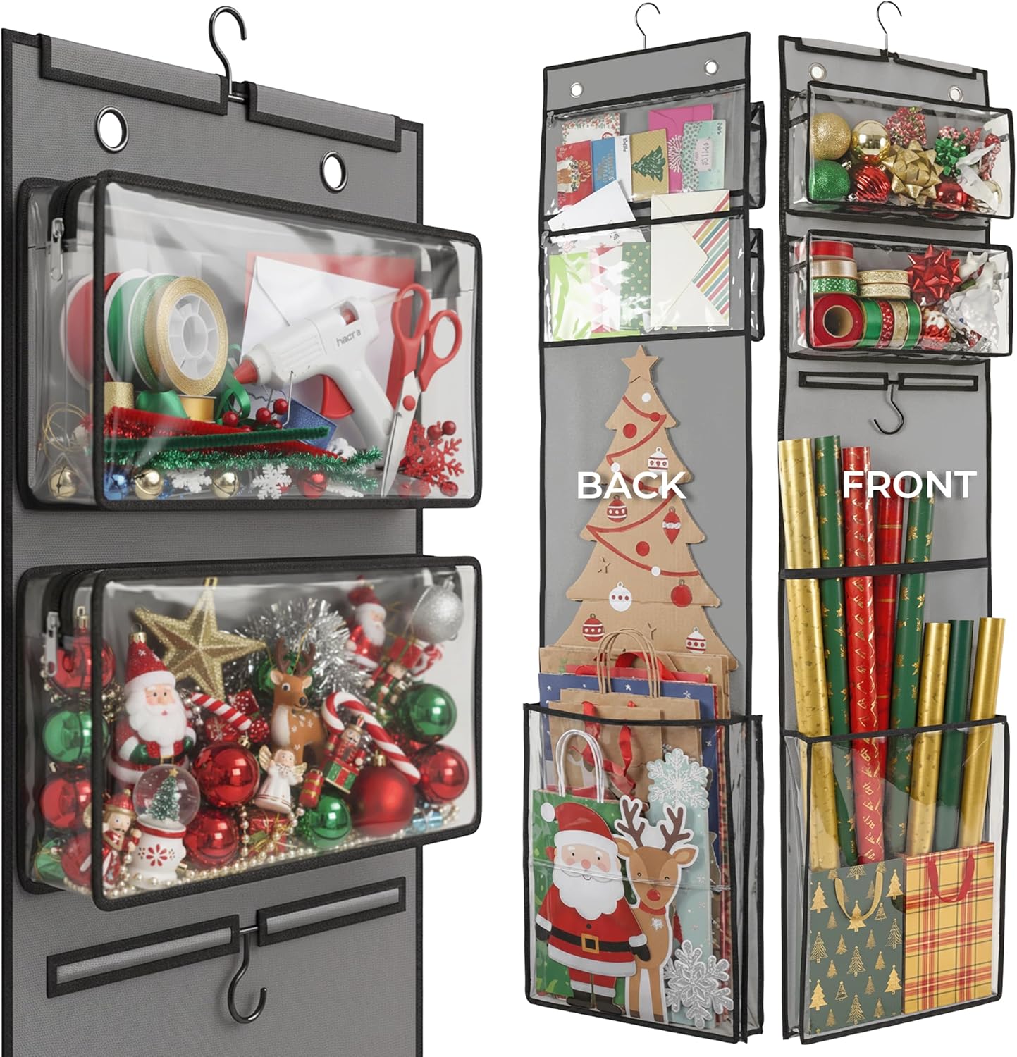 Wrapping Paper Organizer - 63" Double-Sided Vertical Gift Wrap Holder with 4 Zipper Bags & Hooks | Space-Saving Storage for Rolls & Ribbons