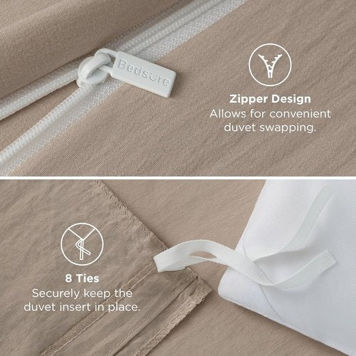 Bedsure Duvet Cover Set - Light Brown Queen Size | Extra Soft Prewashed Cotton-Like Bedding, 3 Pieces