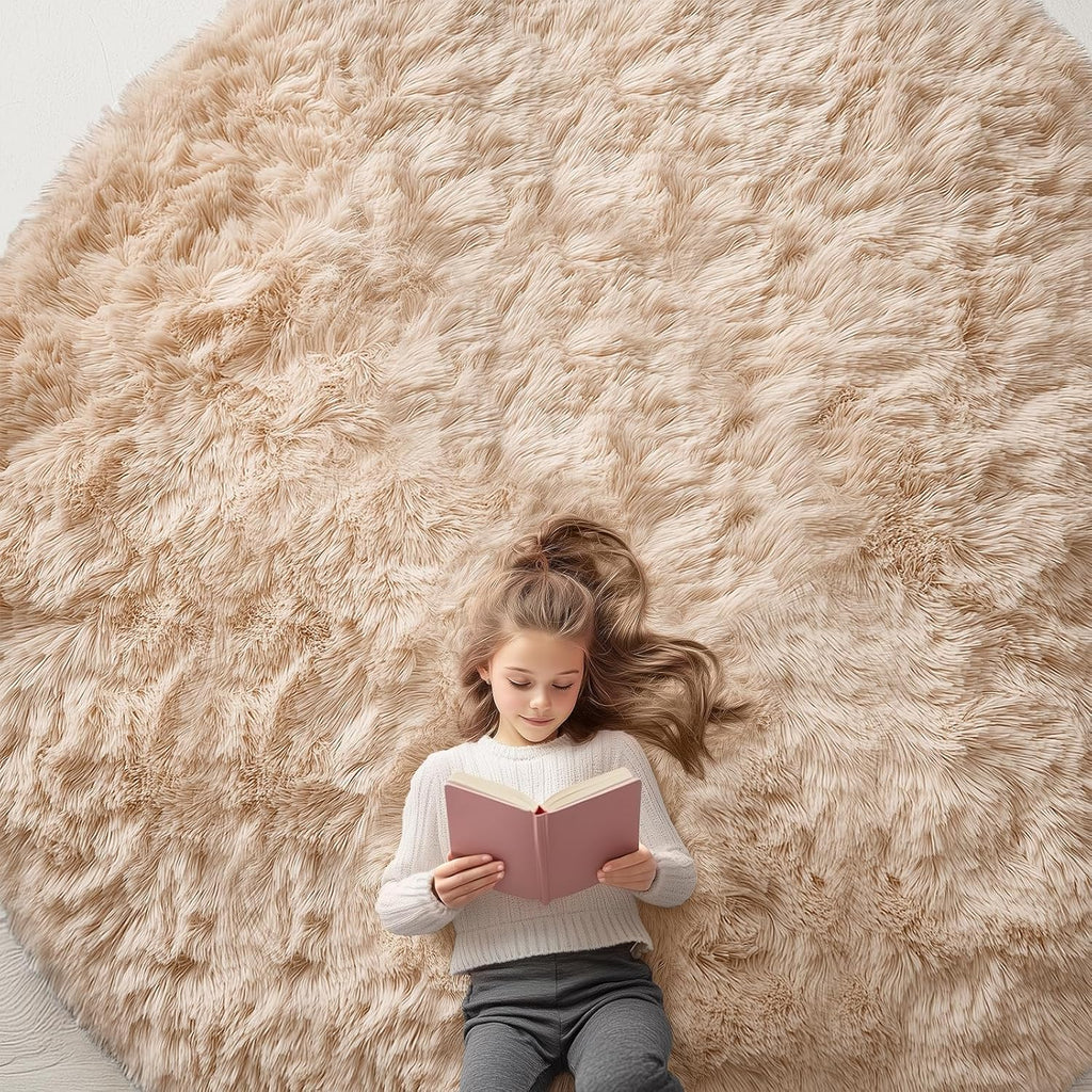 OLANLY Round Beige Area Rug - Soft, Fluffy, Machine Washable 9 ft Circle Carpet for Bedrooms & Living Rooms