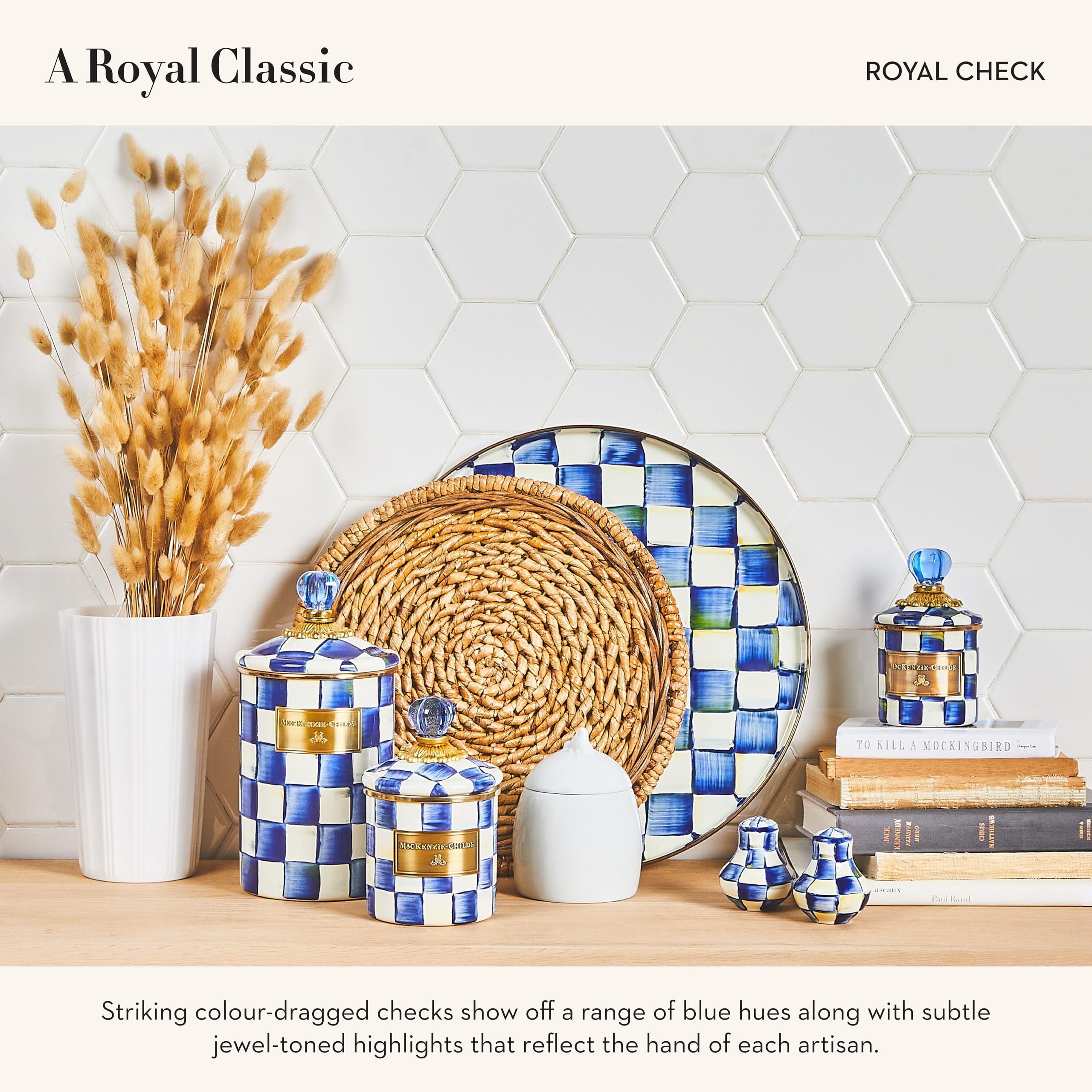 MACKENZIE-CHILDS Enamel Round Tray, Unique Serving Platter for Food and Drinks, Blue-and-White Royal Check