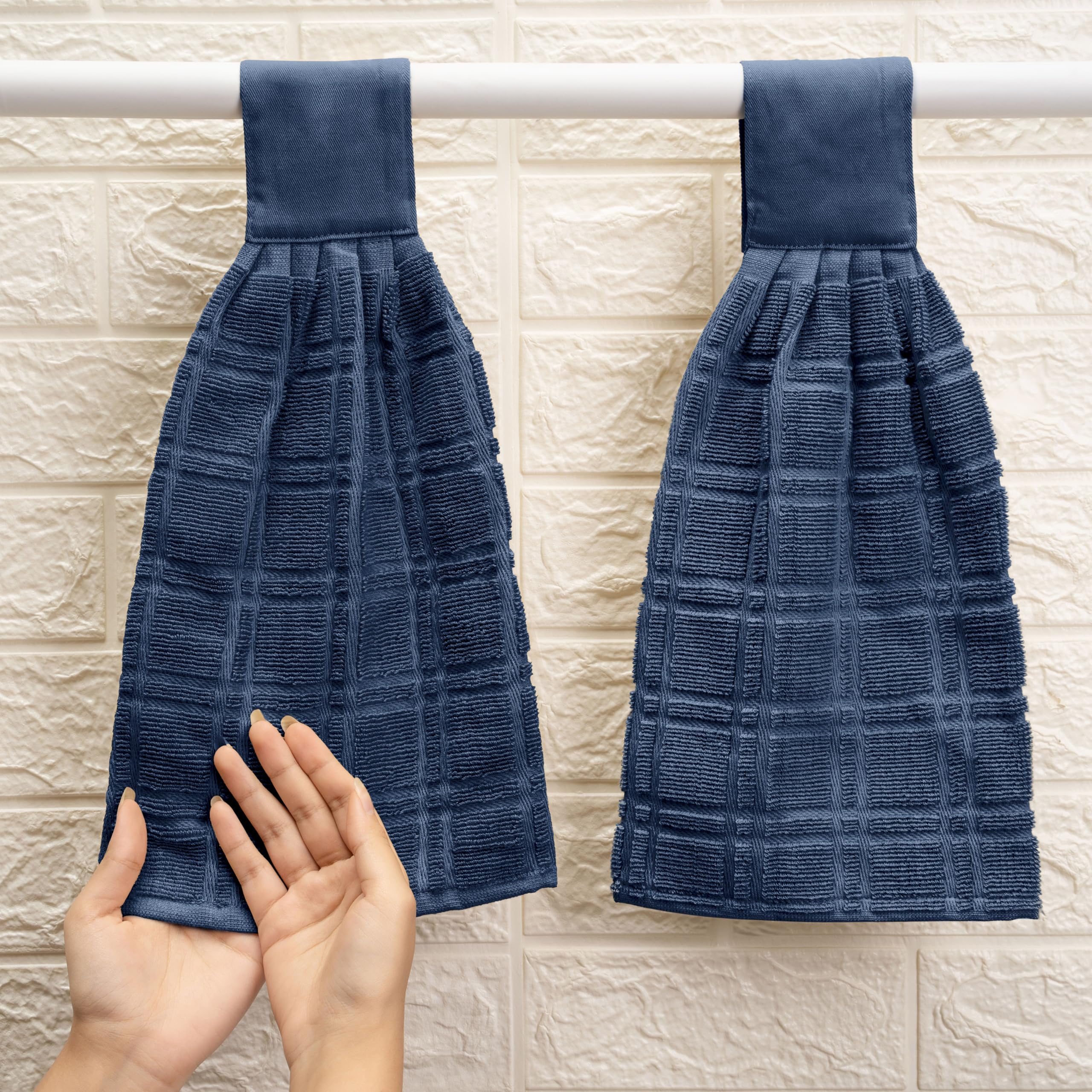 Blue Needles Hanging Kitchen Towels - Blue 100% Cotton Solid Kitchen Tie Towel, Set of 2 Hand Dish Cloth with Hanging Loops 9 x 17 Inches, Absorbent, Super Soft, and Fast Drying Home Essential