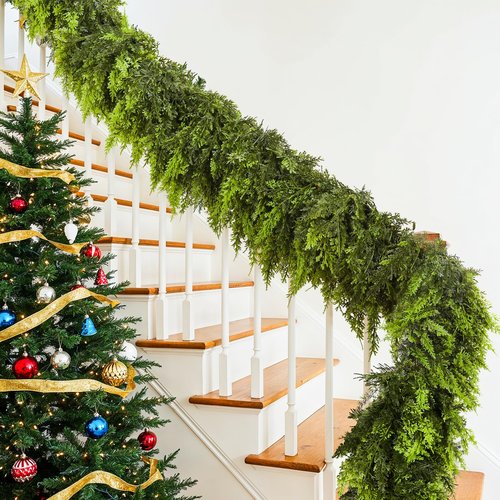 2 Pcs Artificial Cedar Garlands, 6 FT Real Touch Winter Cedar Garland, Green Artificial Greenery Pine Garland for Table, Mantle, Wall, Indoor, Outdoor Christmas Decorations