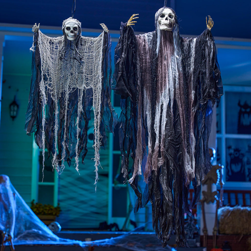 JOYIN 2 Pcs Halloween Hanging Grim Reaper Decorations Outdoor, Halloween Hanging Skeleton Ghosts Scary Decor for Yard Patio Outside Lawn Garden, Haunted House Prop, Party Supplies