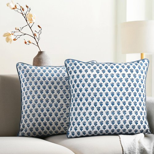 CPC 100% Cotton Throw Pillow Covers 18x18 Inch, Set of 2 Blue Block Print Pattern Couch Pillow, Cute Boho Decorative Pillows for Living Room, Bedroom with Hidden Zipper- Apatite Blue