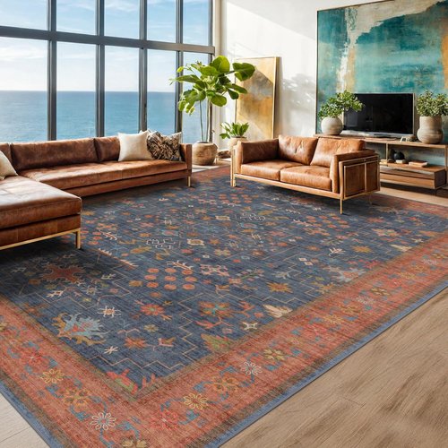 Hazo Haus Washable Navy Blue Area Rug - 7x10 Non-Slip, Stain Resistant for Living Room & Bedroom | Boho Home Decor