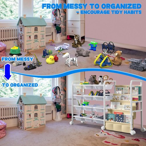 WGOHOSE 2025 Toy Storage Organizer with Bookshelf - 12 Storage Bins & Fabric Book Sling – Kids Toy Organizer and Bookshelf on Wheels for Kids Room, Playroom, Nursery, or Classroom