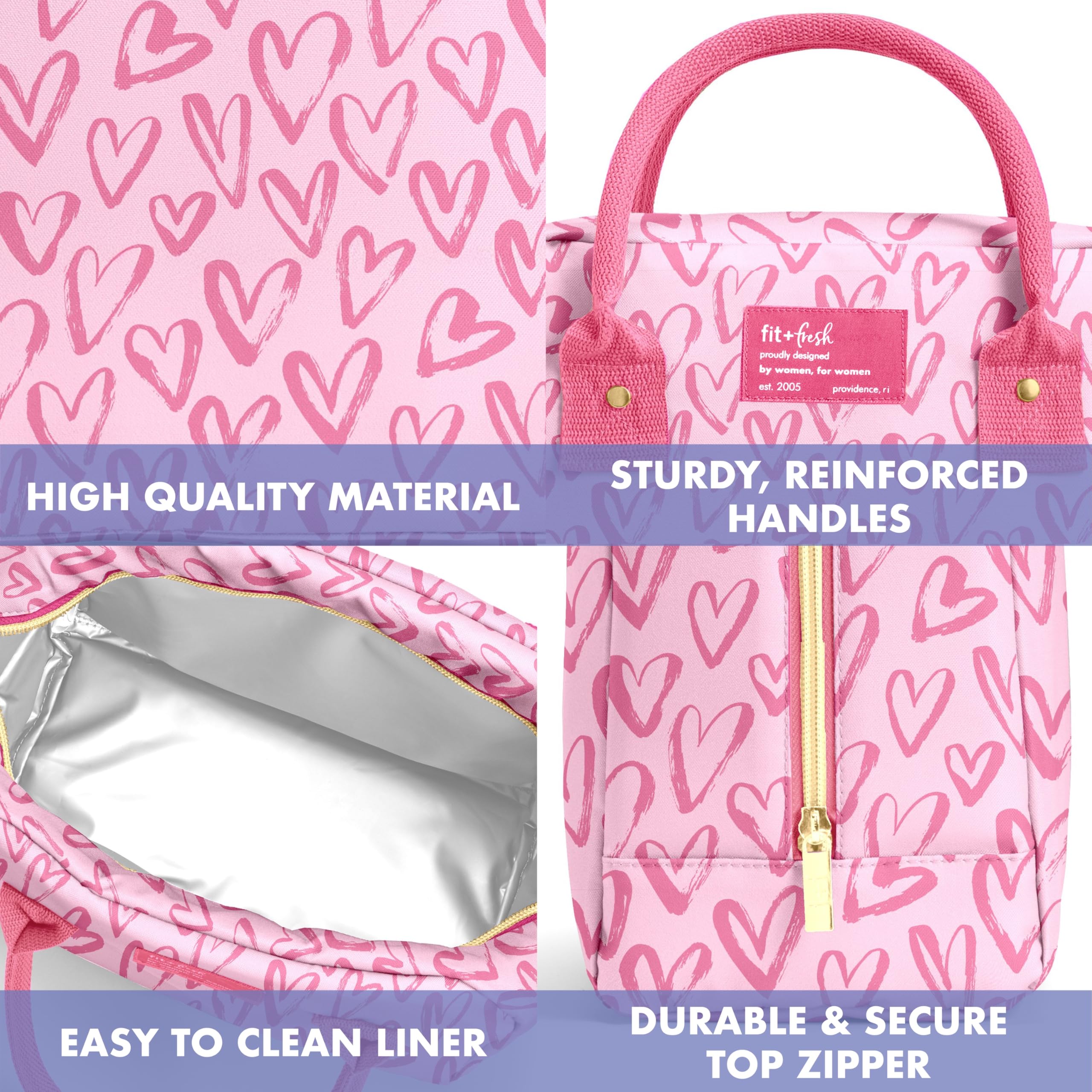 Fit & Fresh Bloomington Lunch Bag for Women - Insulated Large Lunch Box for Work with Containers, Leak-Resistant, Stain-Resistant, Zipper Closure, Pink Doodle Hearts